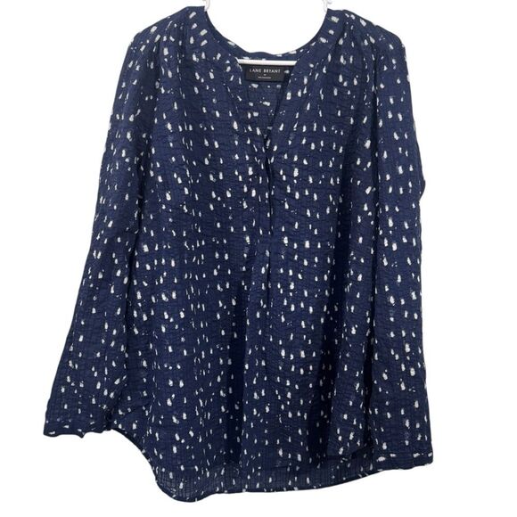 Lane Bryant Tops - Lane Bryant Navy Blue Patterned Long Sleeve V-Neck Blouse